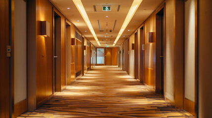 Fototapeta na wymiar Modern hotel corridor with wooden floors and warm lighting, suitable for business travel, hospitality, and real estate concepts