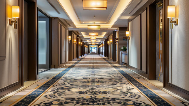 Luxury hotel corridor with patterned carpet, modern lighting, and elegant doors, suitable for business travel and upscale hospitality themes