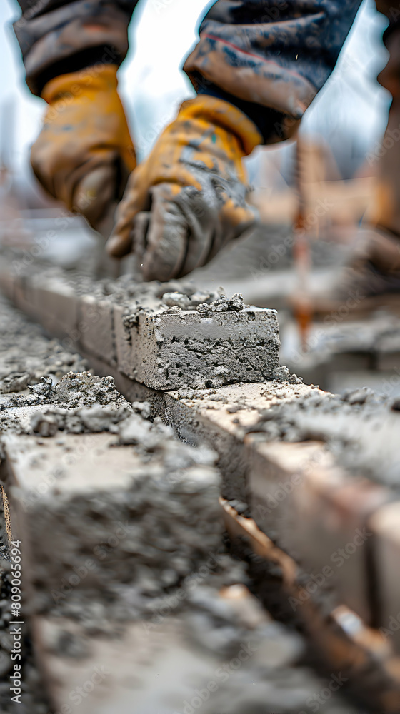 Poster skilled masonry workers ensuring precise brick alignment for stable building facade - realistic phot