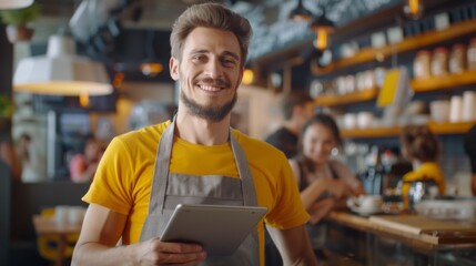 A Smiling Barista Holding Tablet