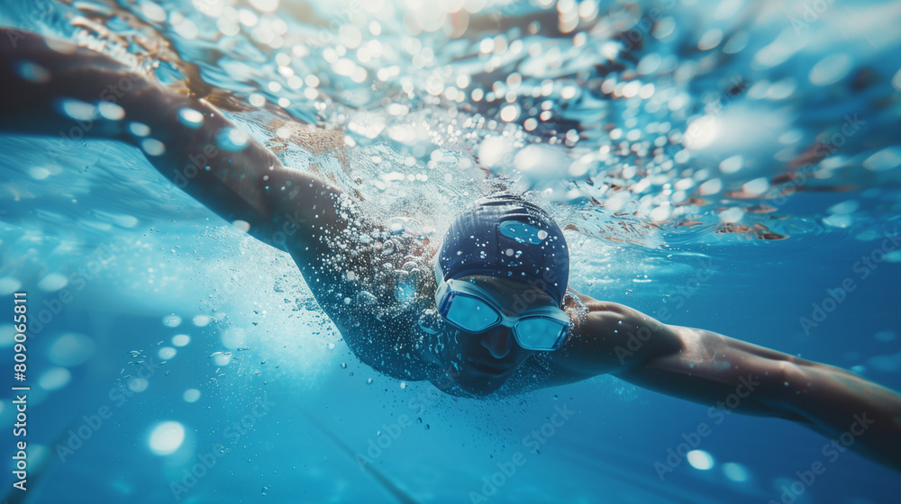 Poster underwater view of a competitive swimmer in action during training, conceptually related to the summ
