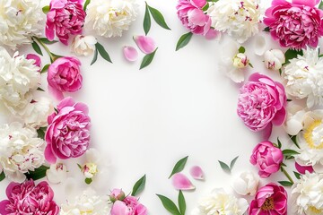 Flowers composition. Flat lay. Top view. Border frame made of pink and beige peonies isolated on white background. Gentle peonies and ranunculus. Beautiful backdrop for design. Floral assorted peony