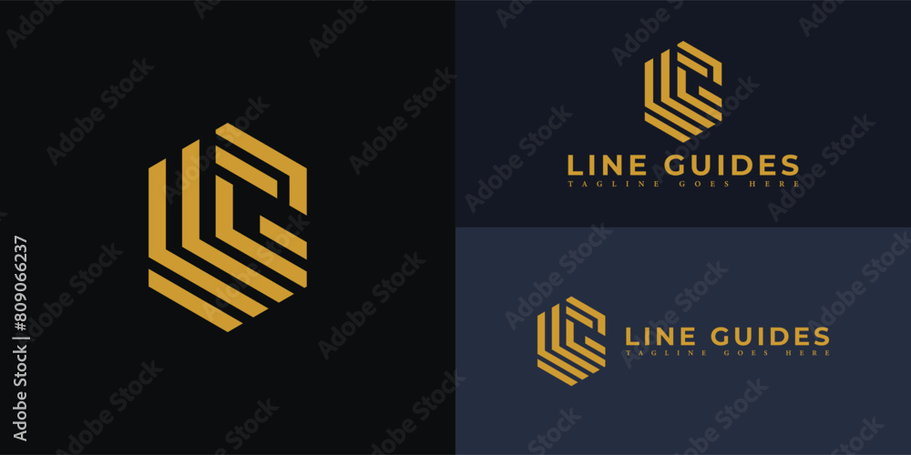 Poster abstract initial hexagon letter lg or gl logo in gold color isolated on multiple background colors. 