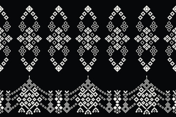 Traditional black ethnic motifs ikat geometric fabric pattern cross stitch.Ikat embroidery Ethnic oriental Pixel black background.Abstract,vector,illustration. Texture,decoration,wallpaper.