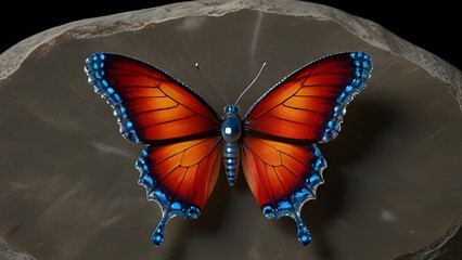 A photorealistic image of a butterfly with striking red and blue wings perched on a sun-warmed rock