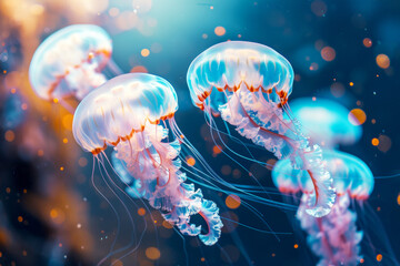 Graceful Jellyfish Ballet in the Ocean,  floating gracefully underwater.
