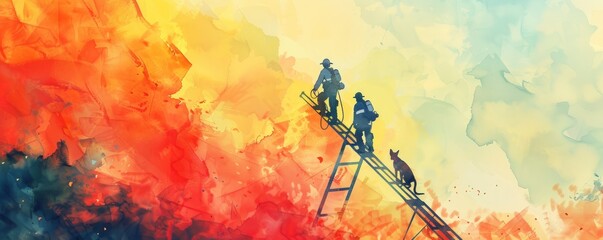 A painting of firefighters on a ladder with a dog on the bottom