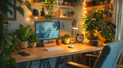 Cozy home office with plants and warm fairy lights, showcasing a comfortable remote work environment, related to freelancing and World Environment Day