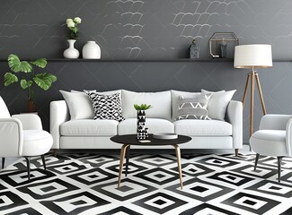 Modern interior design with a gray concrete wall, sofa and black metal table
