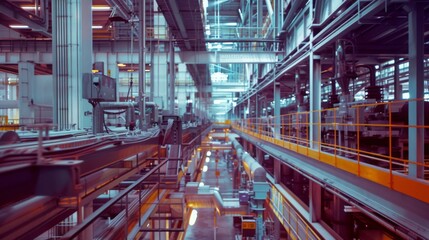 Naklejka premium Workers in safety vests operate machinery in a bustling industrial factory with vivid lighting and metalwork.