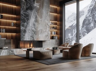 Modern living room with marble fireplace and built-in shelves