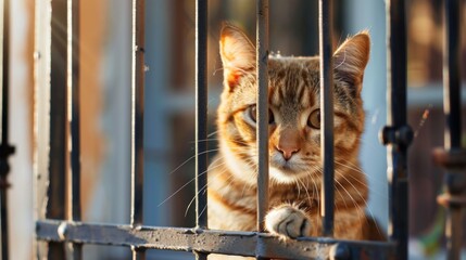 A cat is peeking out from behind a metal fence
