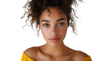 Confident woman in yellow top on isolated transparent background