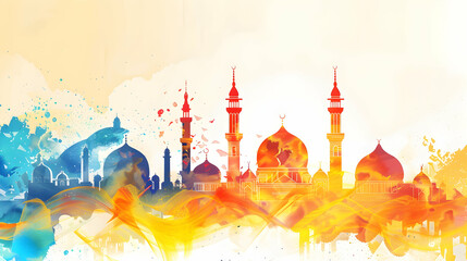 watercolor Eid al adha ,eid al fitr islamic  card,background,Generative Ai