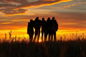 friends standing in silhouette against the backdrop of an open field, arms around each other's shoulders as they gaze towards the horizon at sunset, symbolizing unity and friendship Generative AI