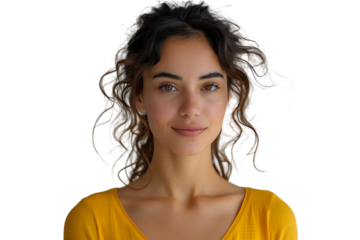 Confident woman in yellow top on isolated transparent background