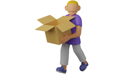3D Illustration of A Character for Web Lifting Cardboard Box