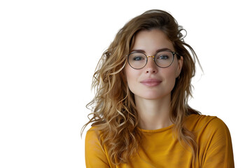 Confident woman in yellow top on isolated transparent background