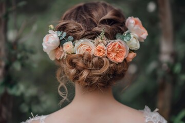 pastel peach flowers headband ob bride or bridesmaids hairstyle. Beautiful flower crown.