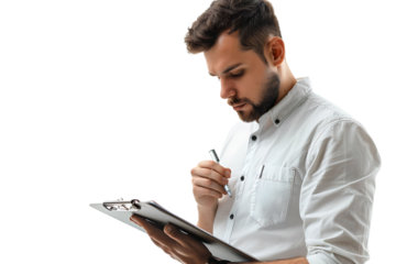 Handsome supervisor writing notes on clip board on isolated transparent background