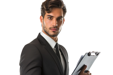 Handsome supervisor writing notes on clip board on isolated transparent background