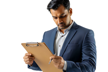 Handsome supervisor writing notes on clip board on isolated transparent background