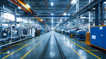 Fototapeta premium The factory floor is bustling with machines in motion, filling the space with industrial activity and manufacturing processes.