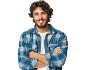 Portrait of a young mechanic holding a wrench on isolated transparent background