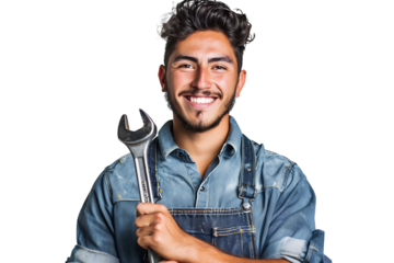 Portrait of a young mechanic holding a wrench on isolated transparent background