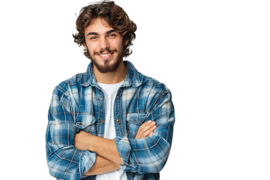 Portrait of a young mechanic holding a wrench on isolated transparent background