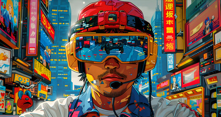 Digital art of a young man wearing advanced gaming headgear, immersed in a vibrant neon cityscape filled with digital displays