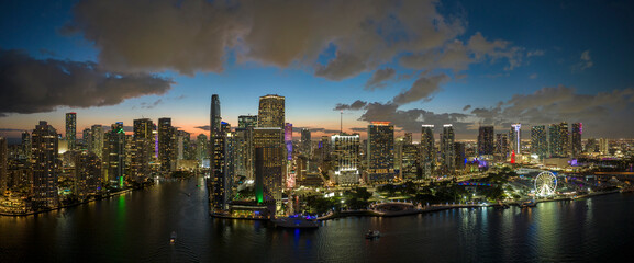 Night urban landscape of downtown district of Miami Brickell in Florida, USA. Skyline with brightly...