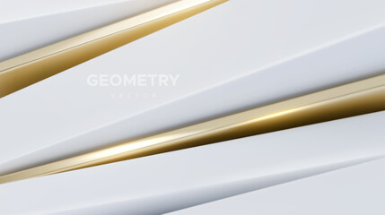 3d white and golden abstract background. Geometry shift. Slanted shapes. Vector illustration of diagonal sliced geometry shapes. Minimalist design concept