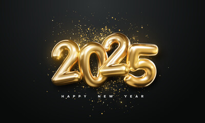 Happy New Year 2025 golden numbers on black background