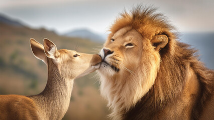 Close friendship of enemies in the wild. The lion is kissing the deer