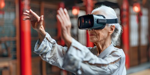A senior woman in virtual reality simulation exploring heart healthy exercises for enhanced well being and active lifestyle