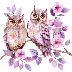 Watercolor beautiful two owls on the branch with pink flowers and purple leaves, Pink and Purple pastel tones.