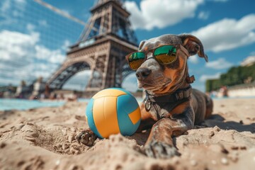 Adorable dog playing beach volleyball with sunglasses, Eiffel tower in background