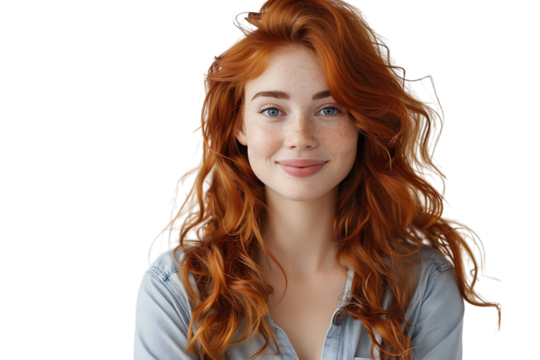 Portrait of young redhead woman smiling on isolated transparent background