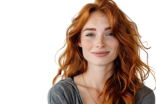 Portrait of young redhead woman smiling on isolated transparent background