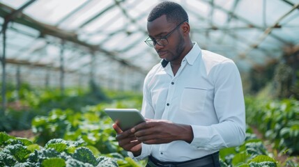 Man with Tablet in Greenhouse