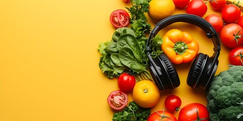 Healthy and nutritious food ingredients with headphones on yellow backdrop suggesting a health focused podcast explaining science behind popular