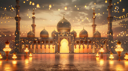 Mosque with crescent moon and star Eid al adha ,eid al fitr islamic background,Generative Ai