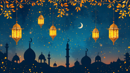 Mosque with crescent moon and star Eid al adha ,eid al fitr islamic background,Generative Ai