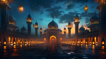 Mosque with crescent moon and star Eid al adha ,eid al fitr islamic background,Generative Ai