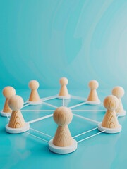 Obraz premium 3d render of wooden figurines placed to represent nodes within white circular outlines interconnected by white lines on a soft blue background, illustrating a network concept or social connections.