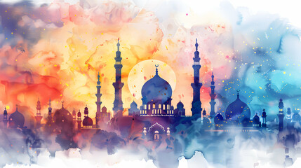 watercolor Eid al adha Background design.Eid al adha, eid al fitr concept illustration,Generative Ai