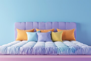 A bed with a colorful comforter and colorful pillows