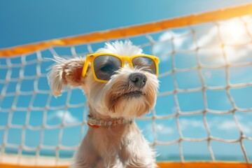 Adorable silver Weinerman dog playing beach volleyball with sunglasses