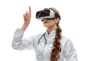 female doctor looking up and pointing with finger while using VR glasses on isolated transparent background
